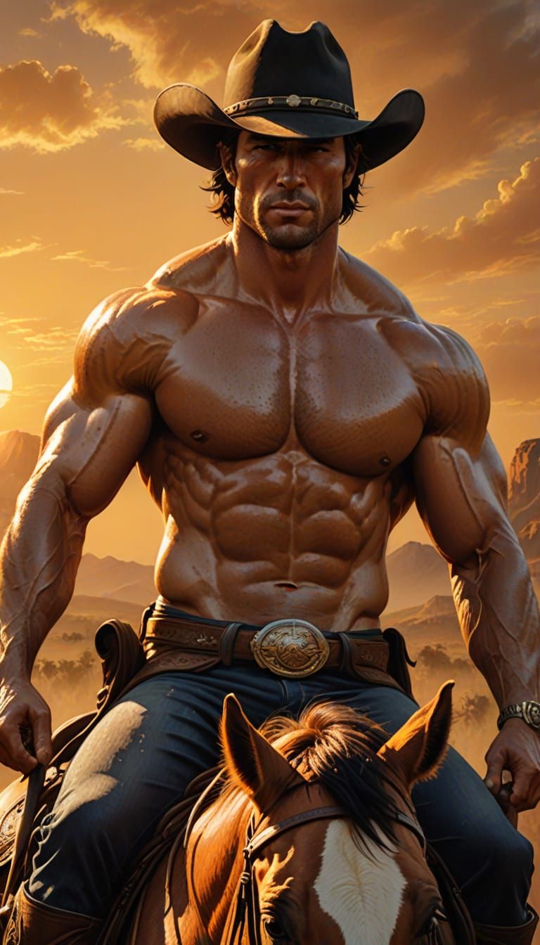 Cowboy on Horseback at Sunset: Western Digital Art