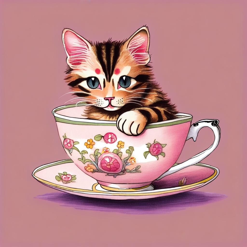 Cat Comfortably Resting in a Teacup