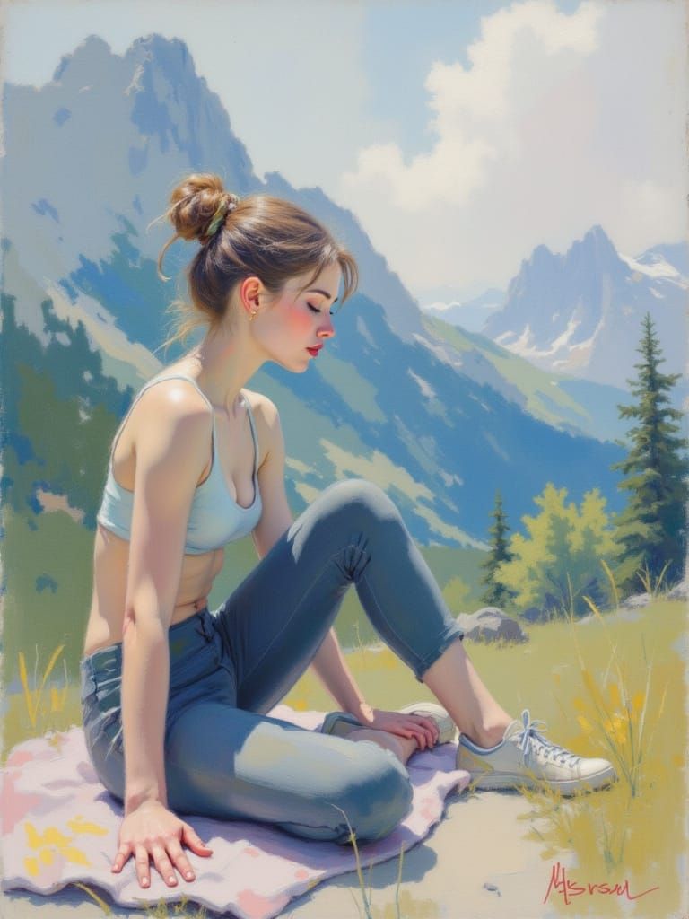 Serene Swiss Alps Yoga Scene in Soft Pastel Colors
