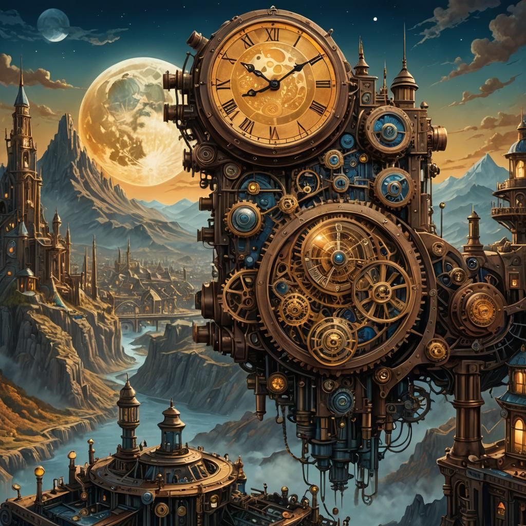 Steampunk Machine Holding the Moon: Science Fantasy Art
