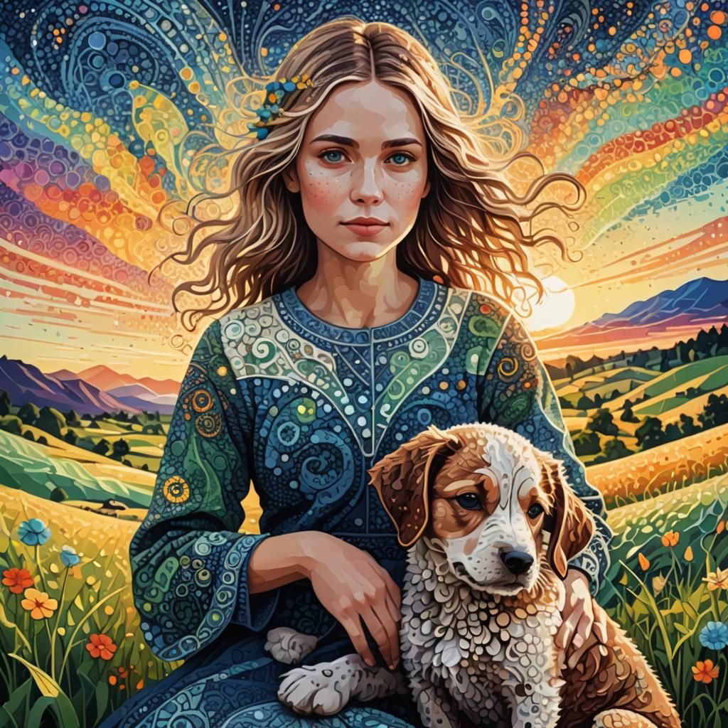 Scandinavian Woman with Puppy in Pointillism Style
