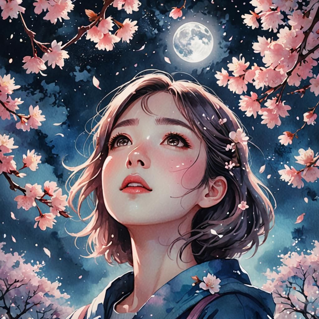 Anime Girl Gazing at Cherry Blossoms in Watercolor Style