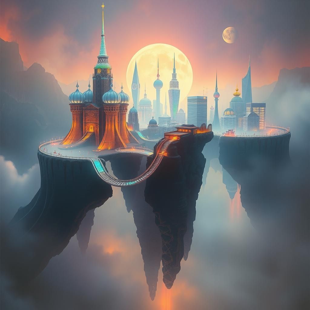 Mystical Floating Cityscape in Surrealist Style