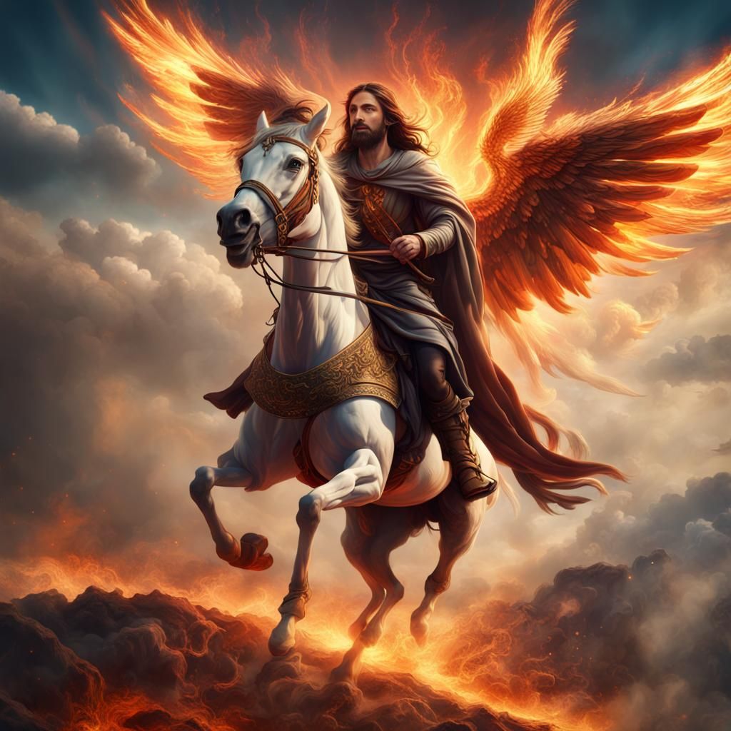 Jesus Christ Rides Winged Horse in Fantasy Art