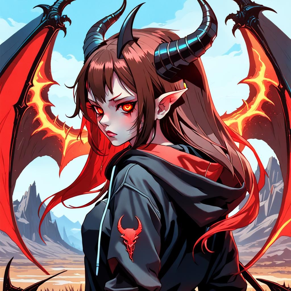 Anime Devil in Hellish Landscape, Dark Fantasy Art