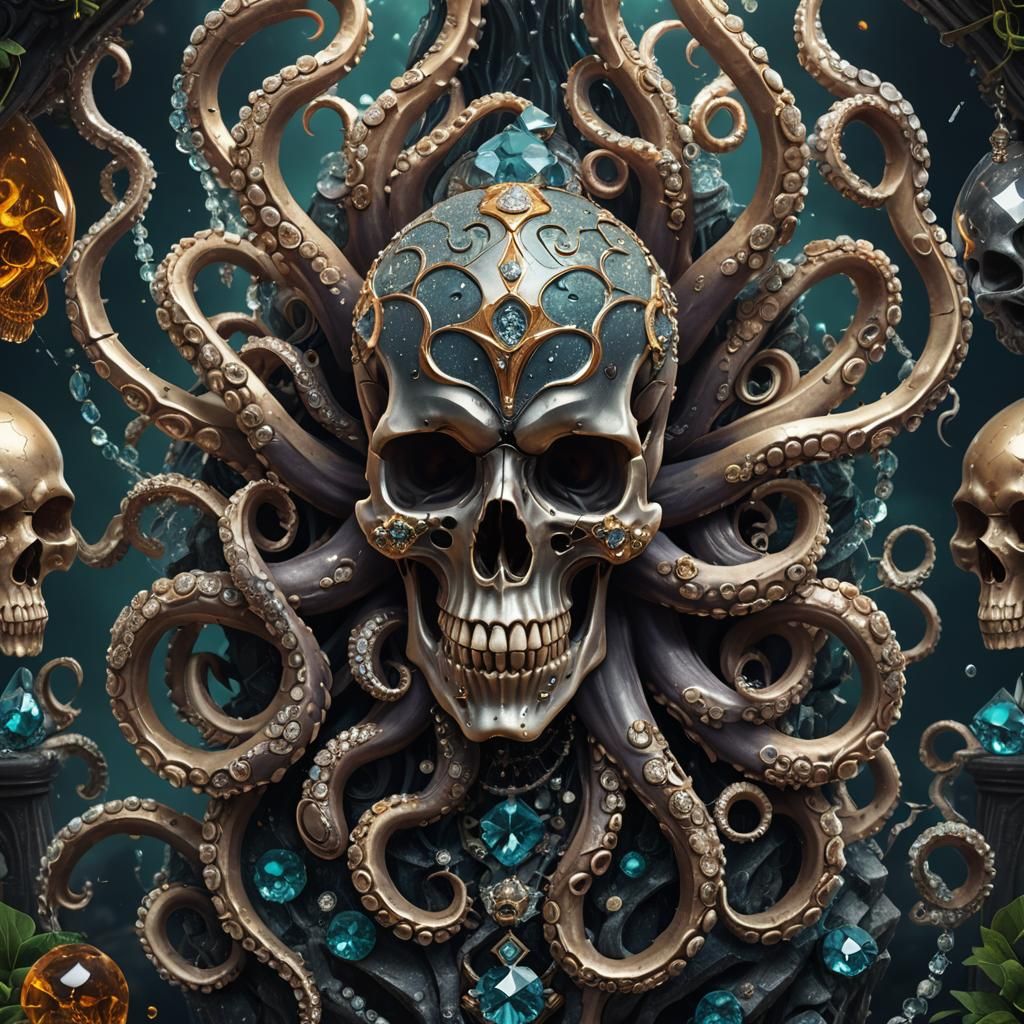 Diamond Skull with Octopus in Detailed Matte Style