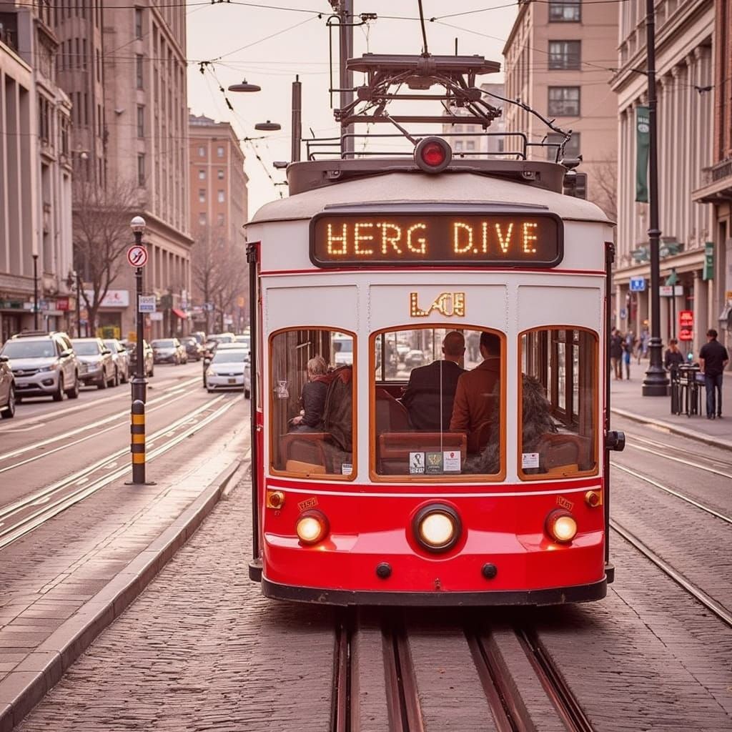 Hyperrealistic Red Trolley in Moody Cityscape