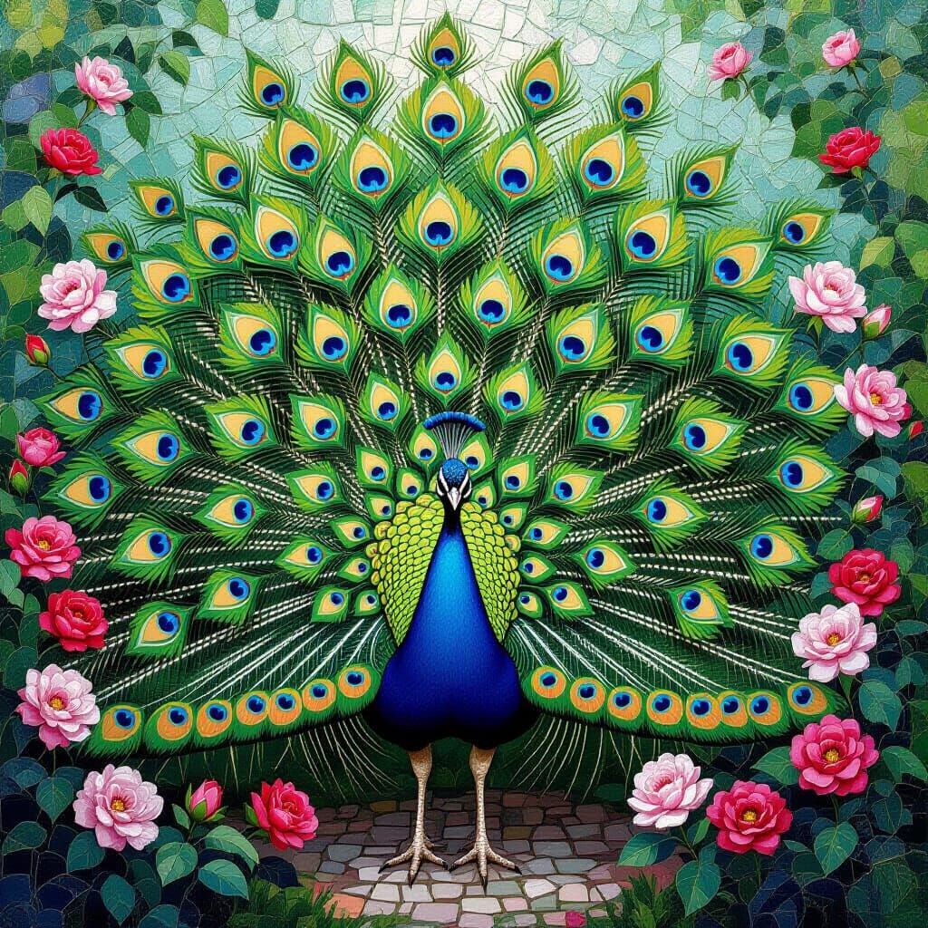 Peacock Tail Mosaic in Lush Flower Garden