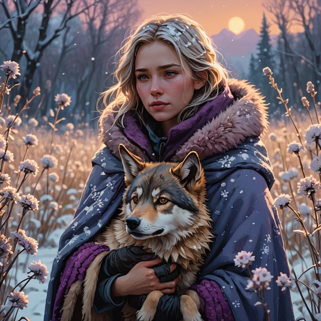 Enchanting Winter Scene with Girl and Wolf Pup