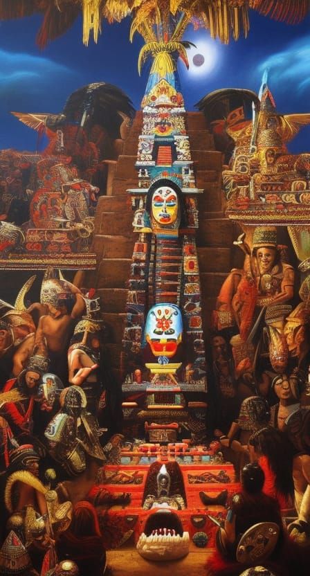 Aztec Princess, severed screaming head, Aztec Pyramid, Aztec Human Sacrifice, inspired by Dali and Caravaggio, hyperreal...