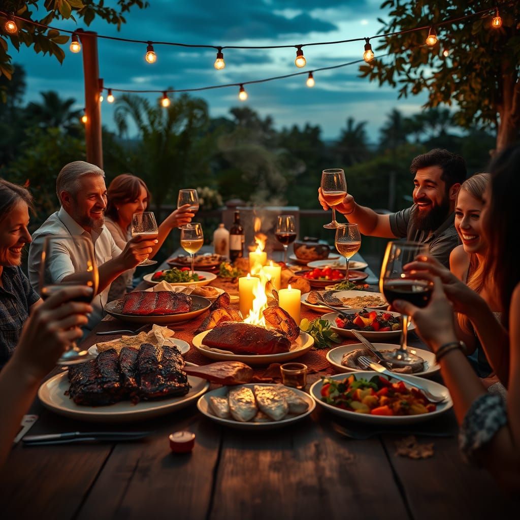 Summer Feast Under Starry Skies in a Hyperrealistic Aestheti...