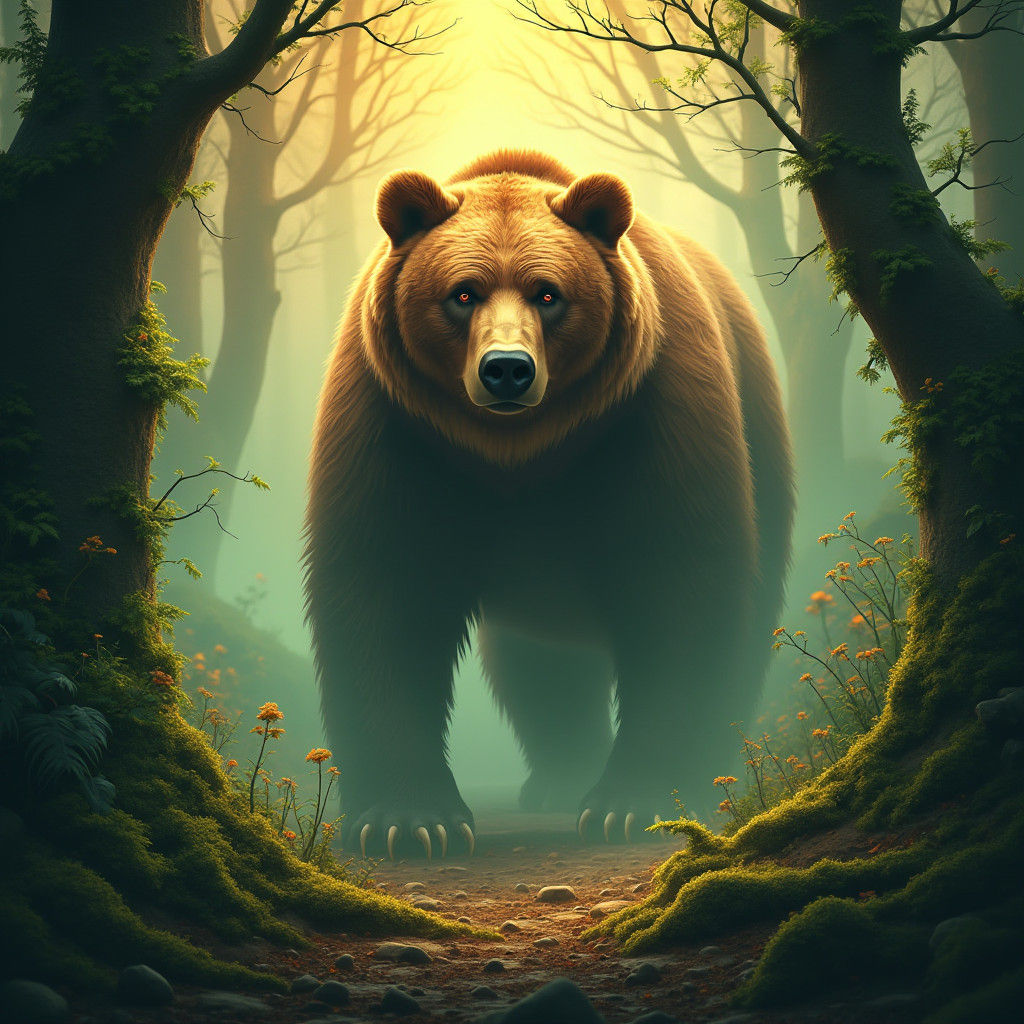 Mystical Brown Bear in Primeval Forest