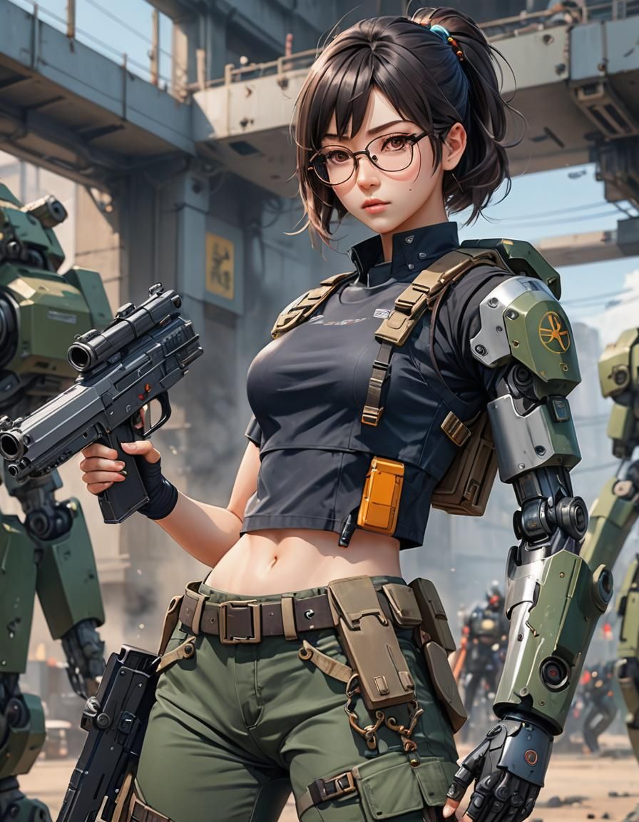 Anime Woman with Metal Arm in Cyberpunk Style
