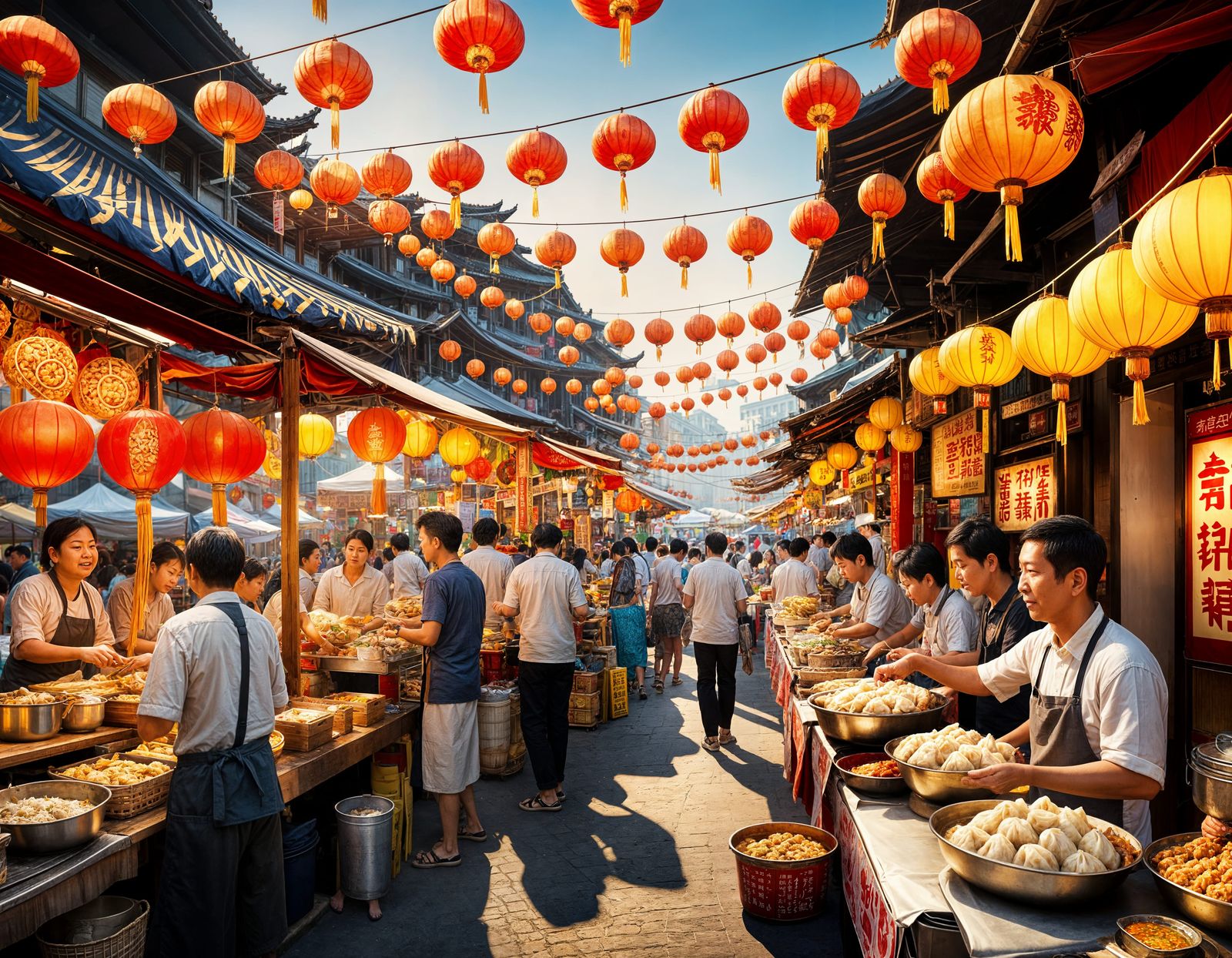 Bustling Street Food Market with Happy Family