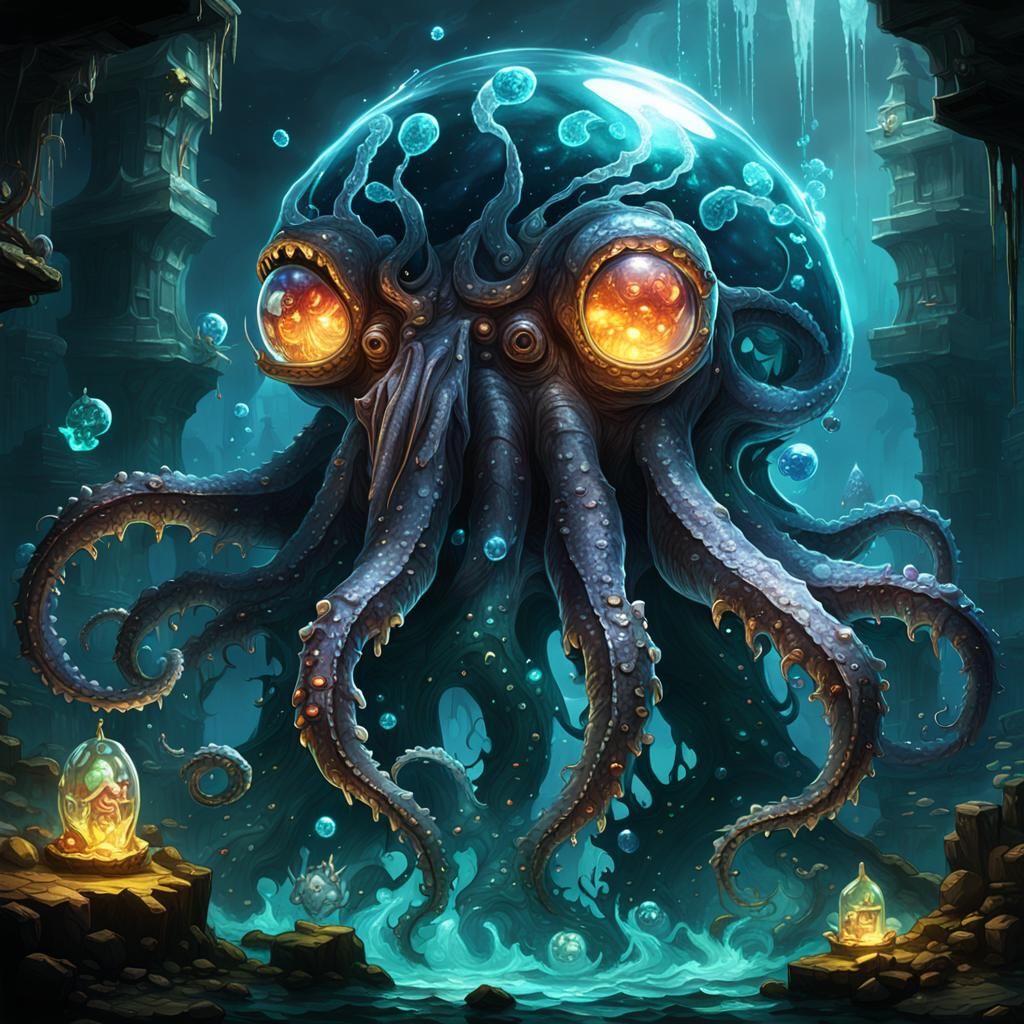 Otherworldly Crystal Kraken: Liquid Glass Video Game Boss