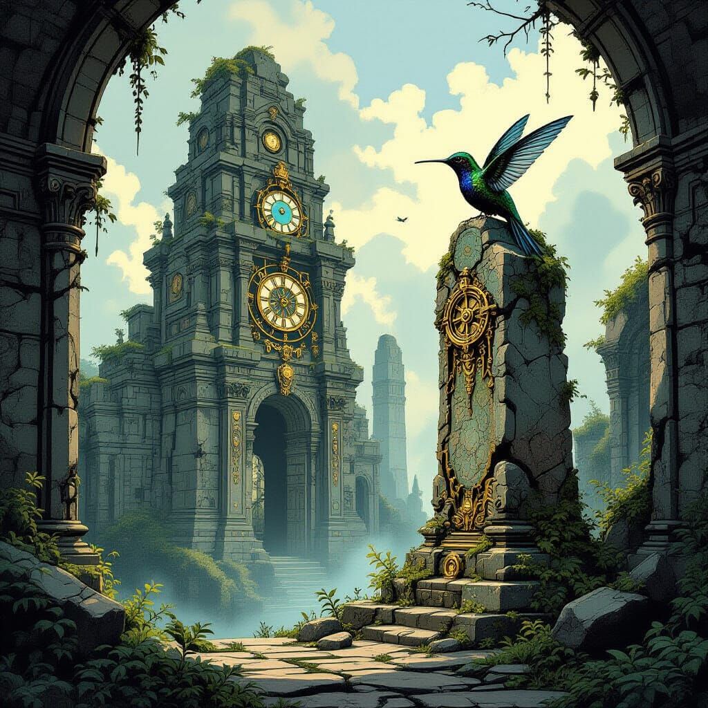 Ancient Ruin with Clockwork Mechanisms and Bird