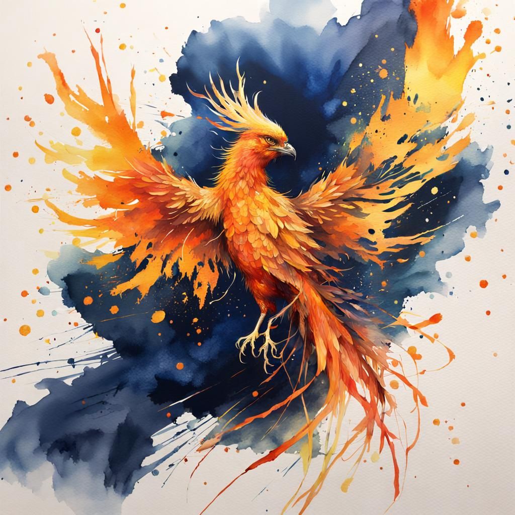 Vibrant Phoenix Watercolor Illustration in Volumetric Lighti...