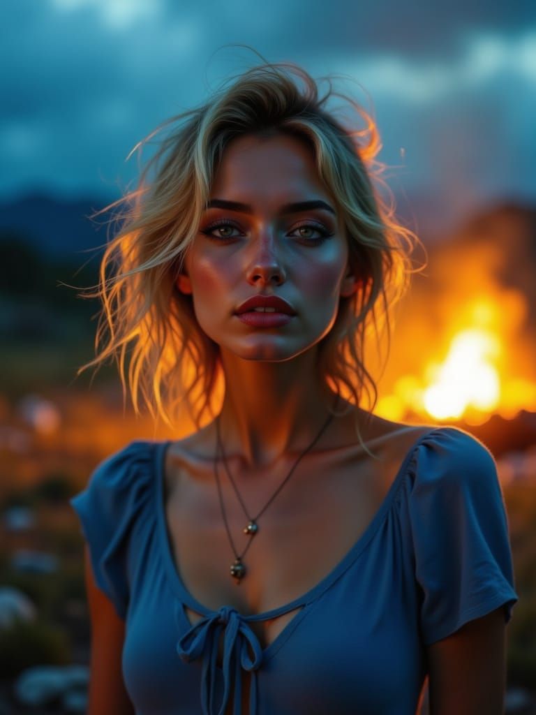 Woman Illuminated by Fire and Twilight on Mountainside