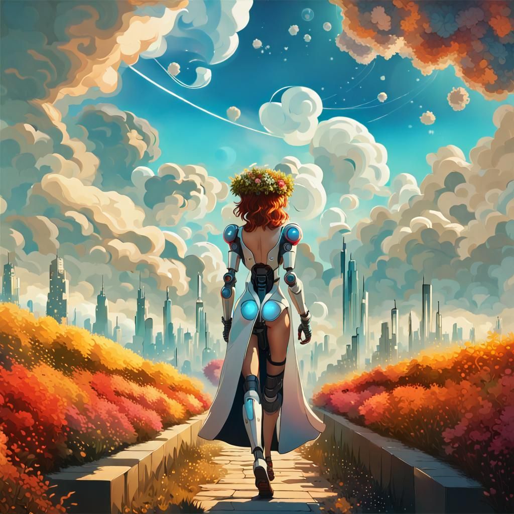 Robot Woman in Futuristic Cityscape Art Nouveau