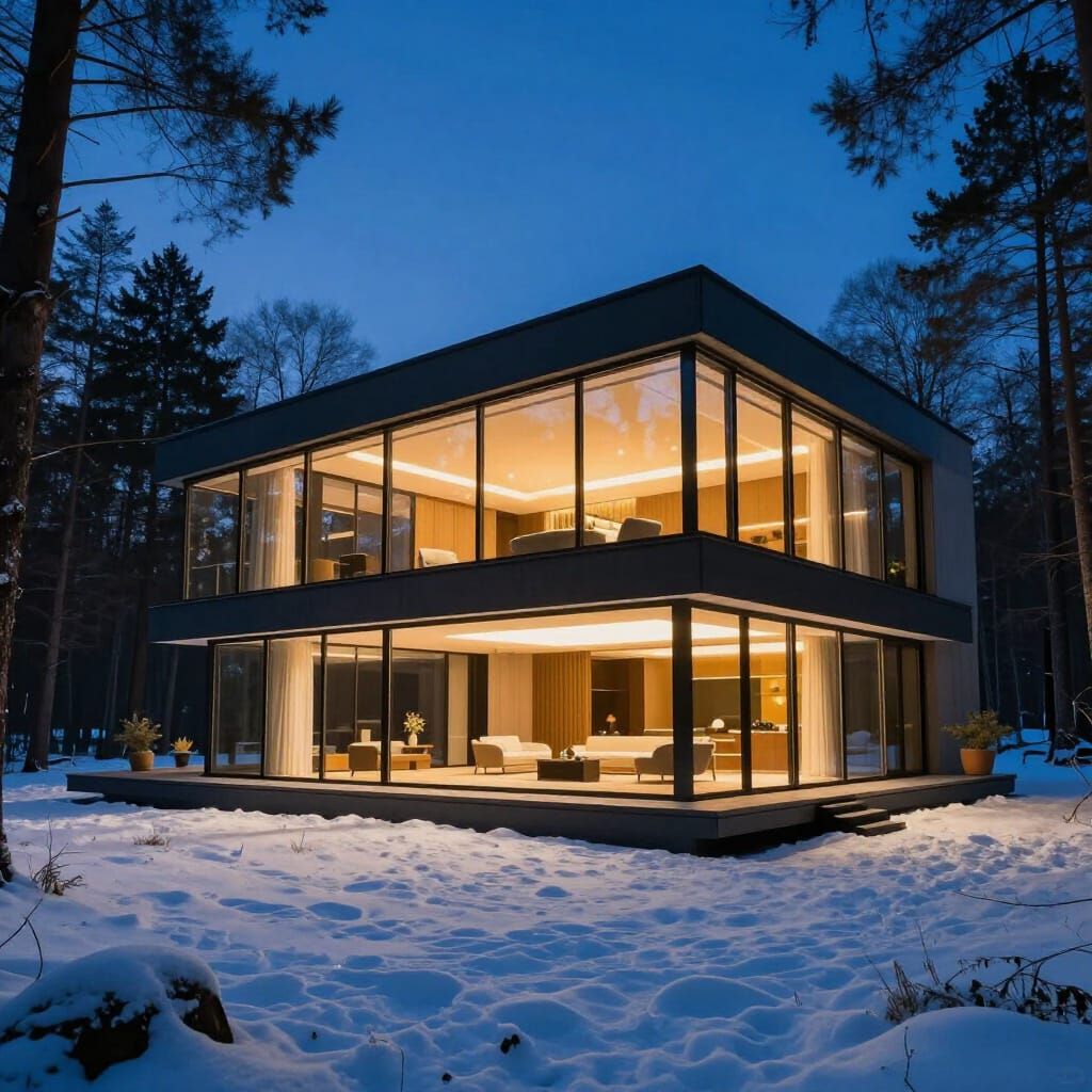 Modern Glass Villa at Blue Hour in Forest Clearing