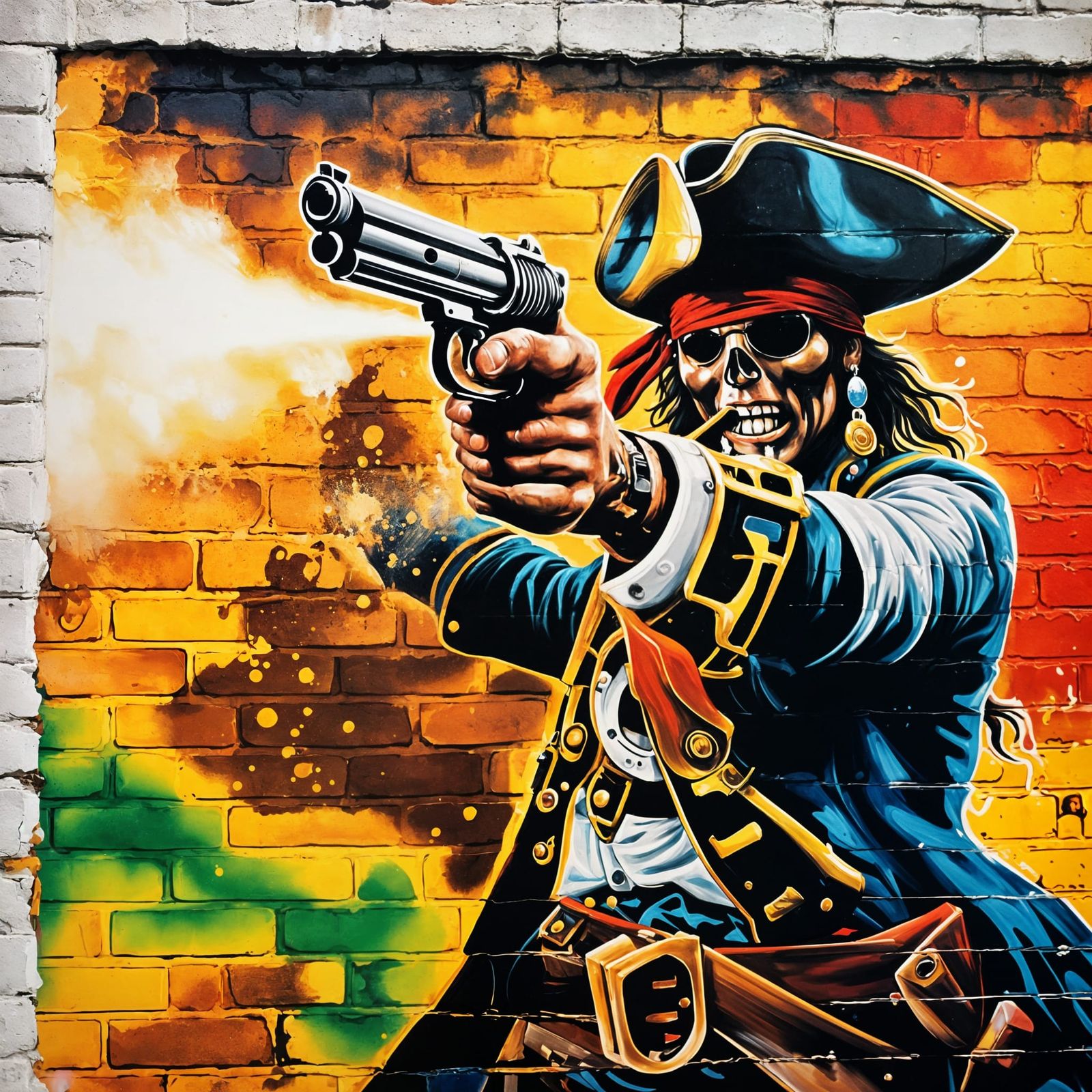 Pirate Graffiti Art on White Brick Wall