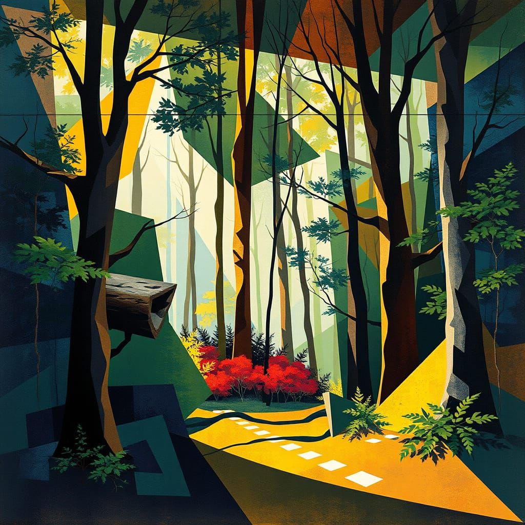 Dreamlike Cubist Woods Scene in Vibrant Colors