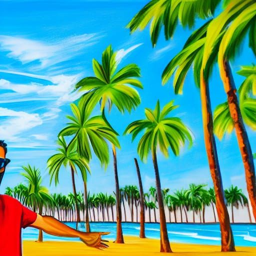 Man Relaxing Under Palm Trees in Vibrant Oil Painting Style