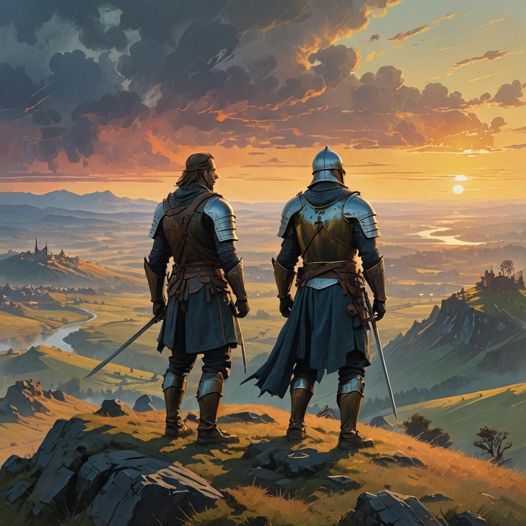 Warrior Overlooking Mystical Landscape in Chromatic Style