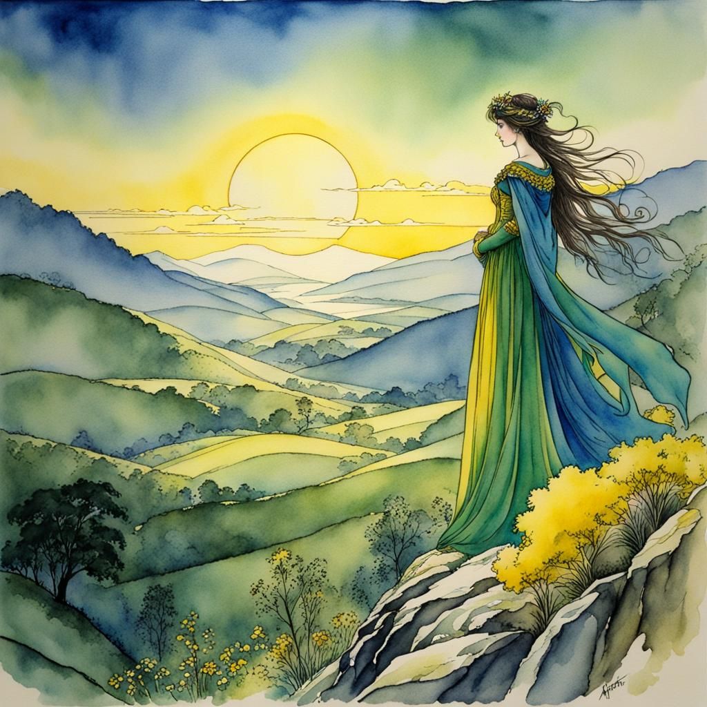 Medieval Maiden at Dawn: Watercolor in Rackham Style