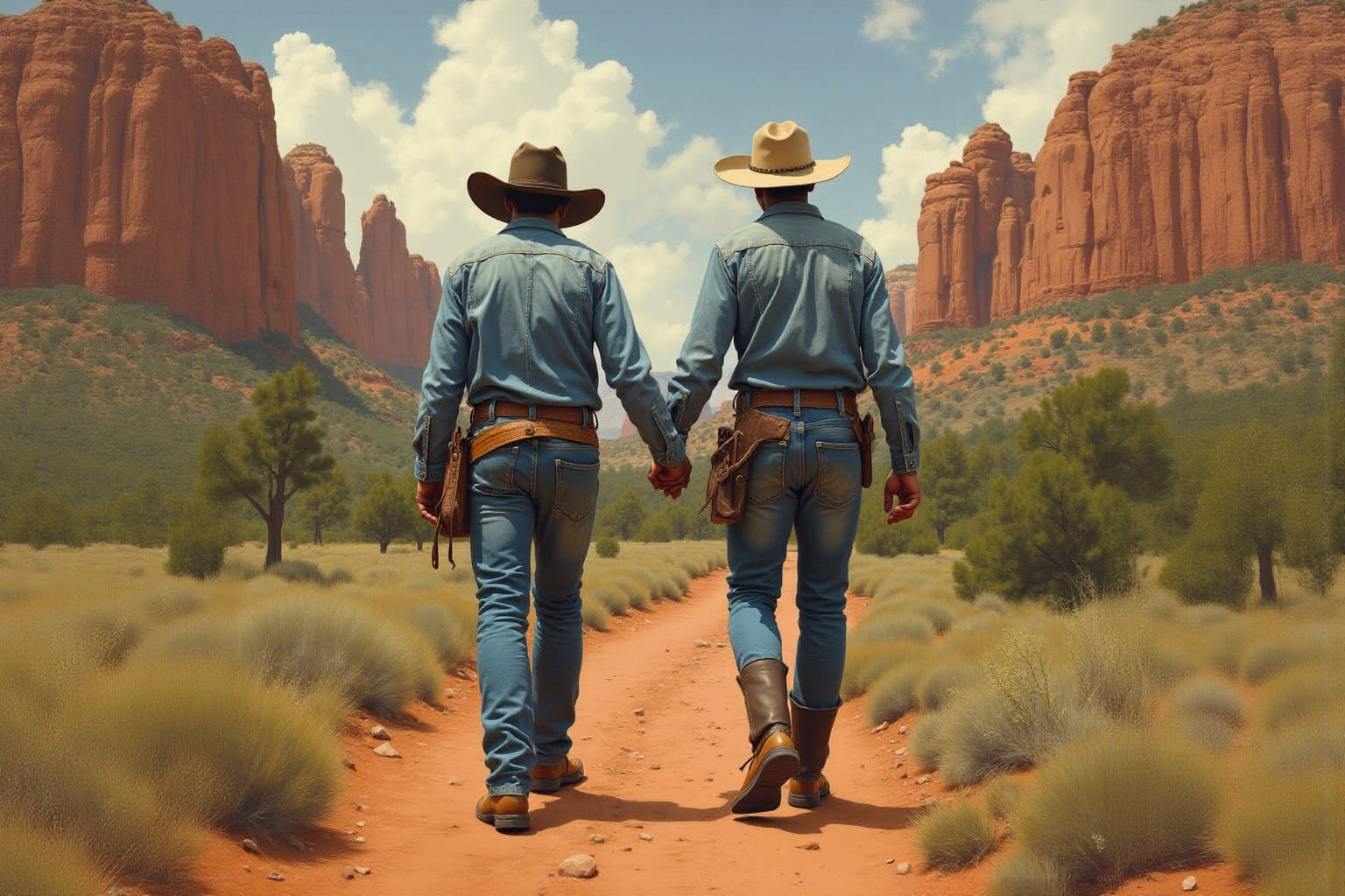 Two Cowboys Walking in Sedona-Inspired Landscape