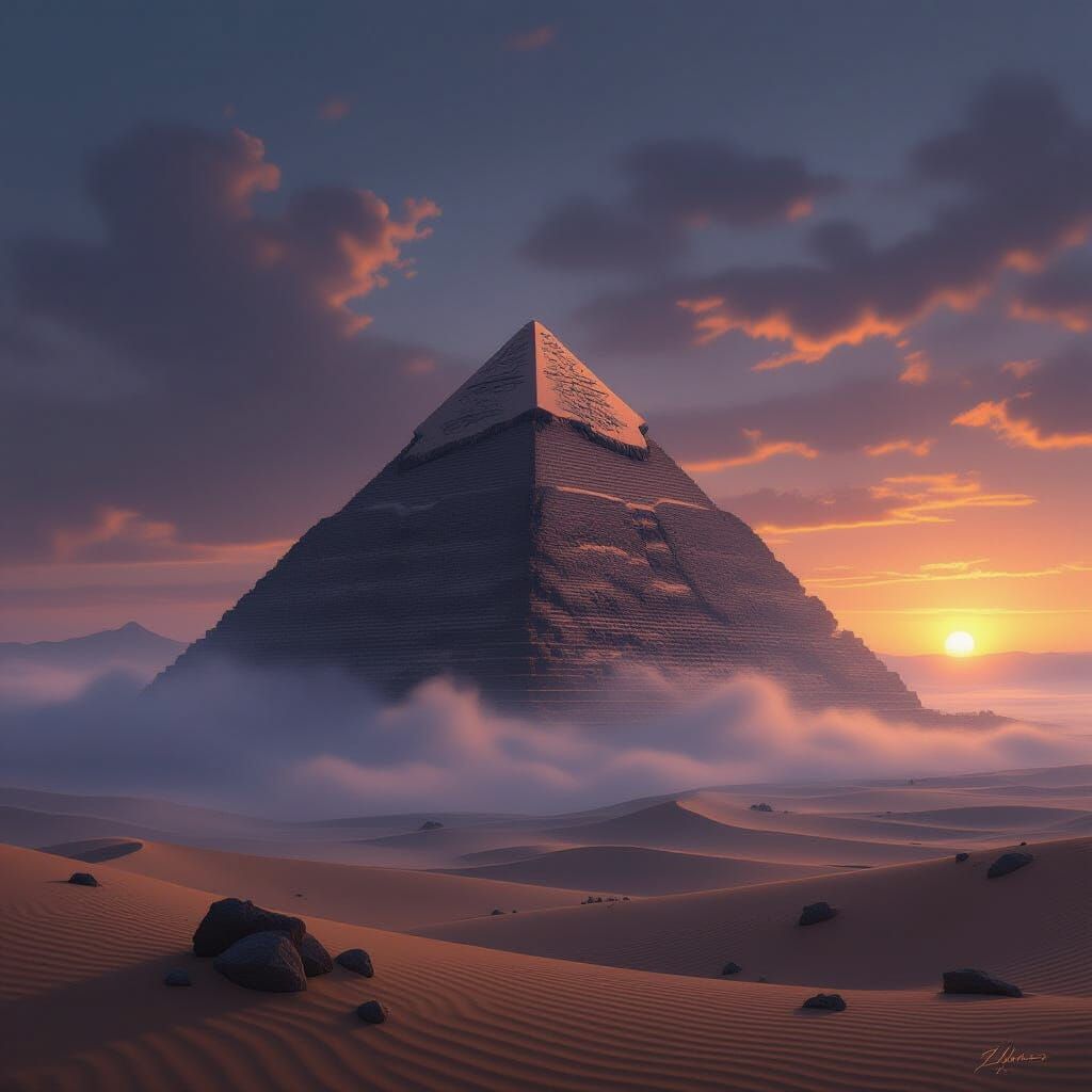 Ancient Pyramid in Dreamlike Desert at Twilight