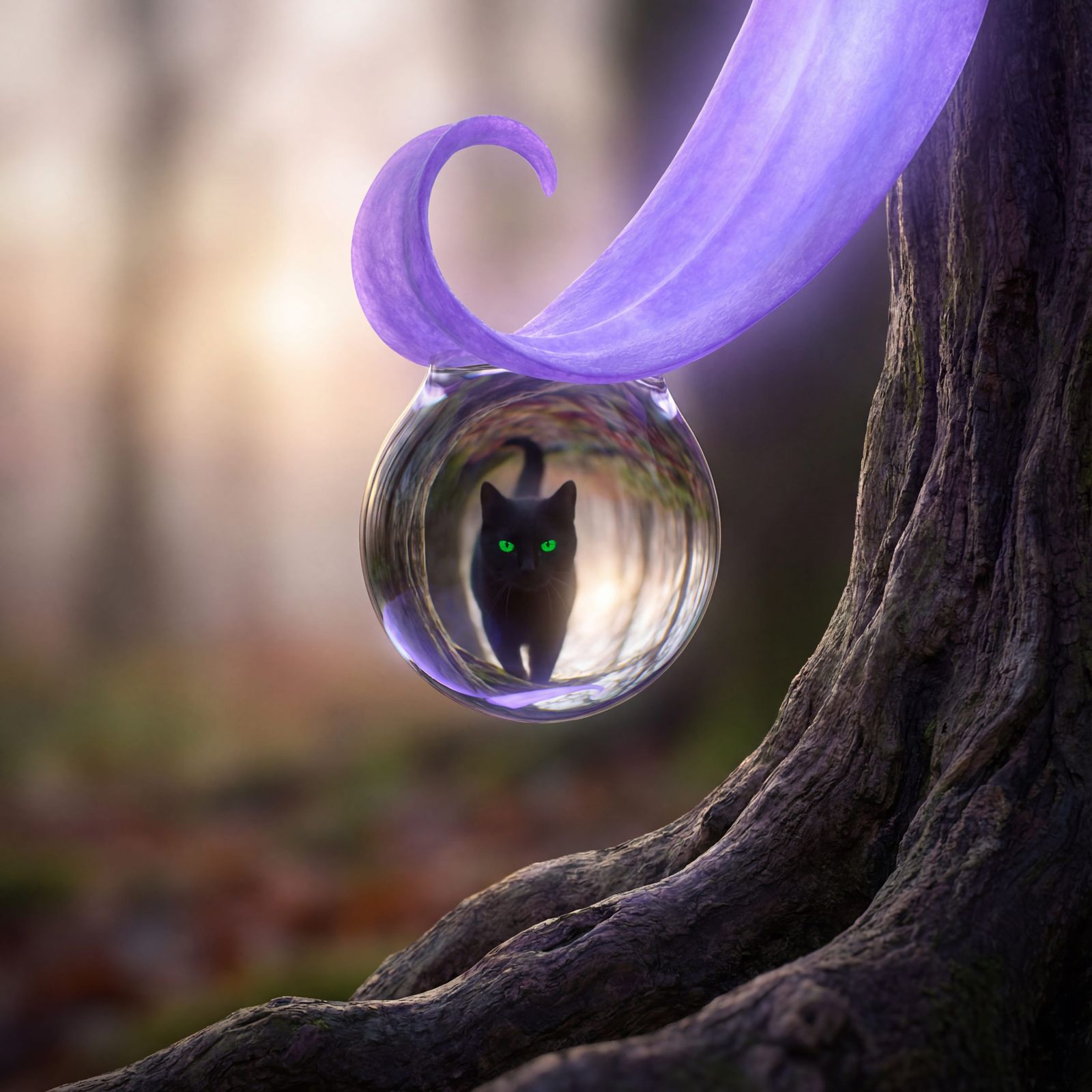 Dewdrop Reflection of Black Cat and Purple Flower