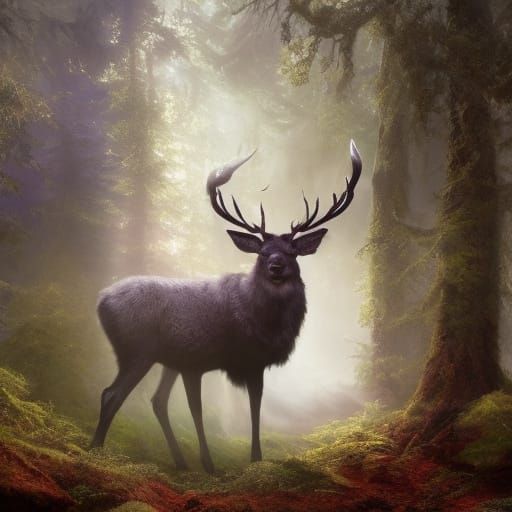 Majestic Stag in Enchanted Forest - Digital Matte Painting