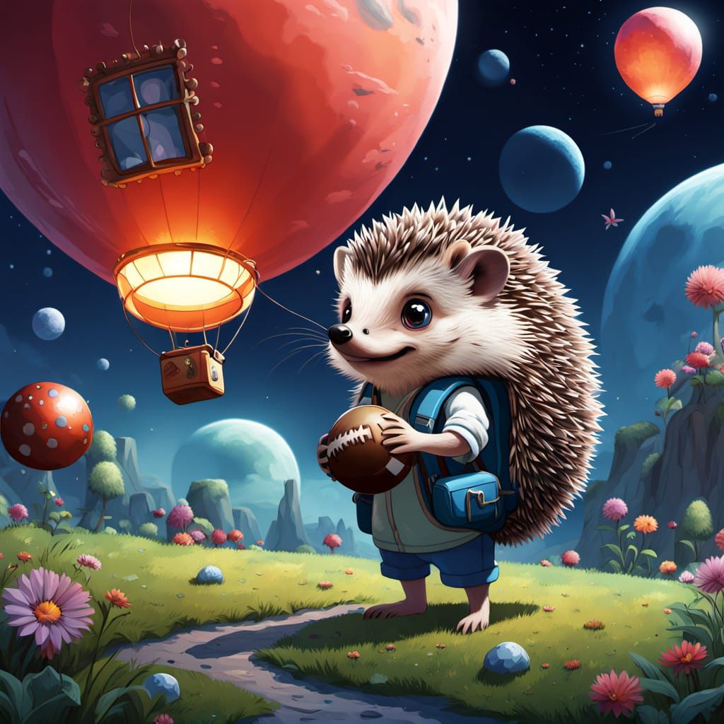 Hedgehog with Balloon on Moon Park in Vibrant Fantasy Style