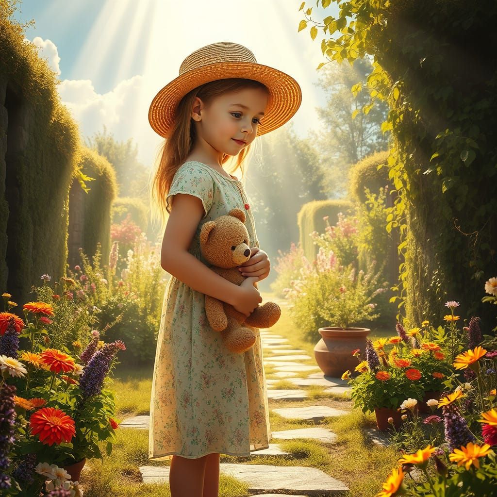 Young Girl in English Country Garden with Whimsical Setting