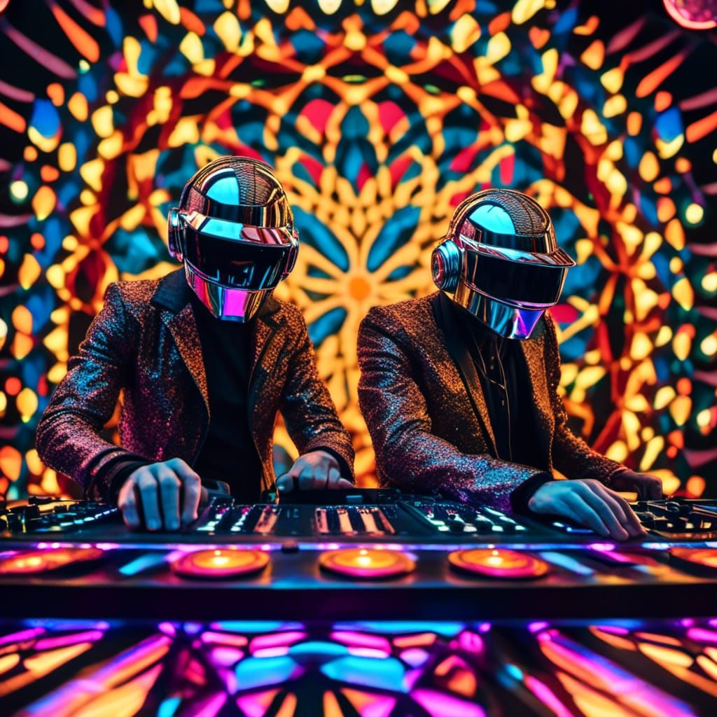 Daft Punk Behind DJ Booth in Psychedelic Style