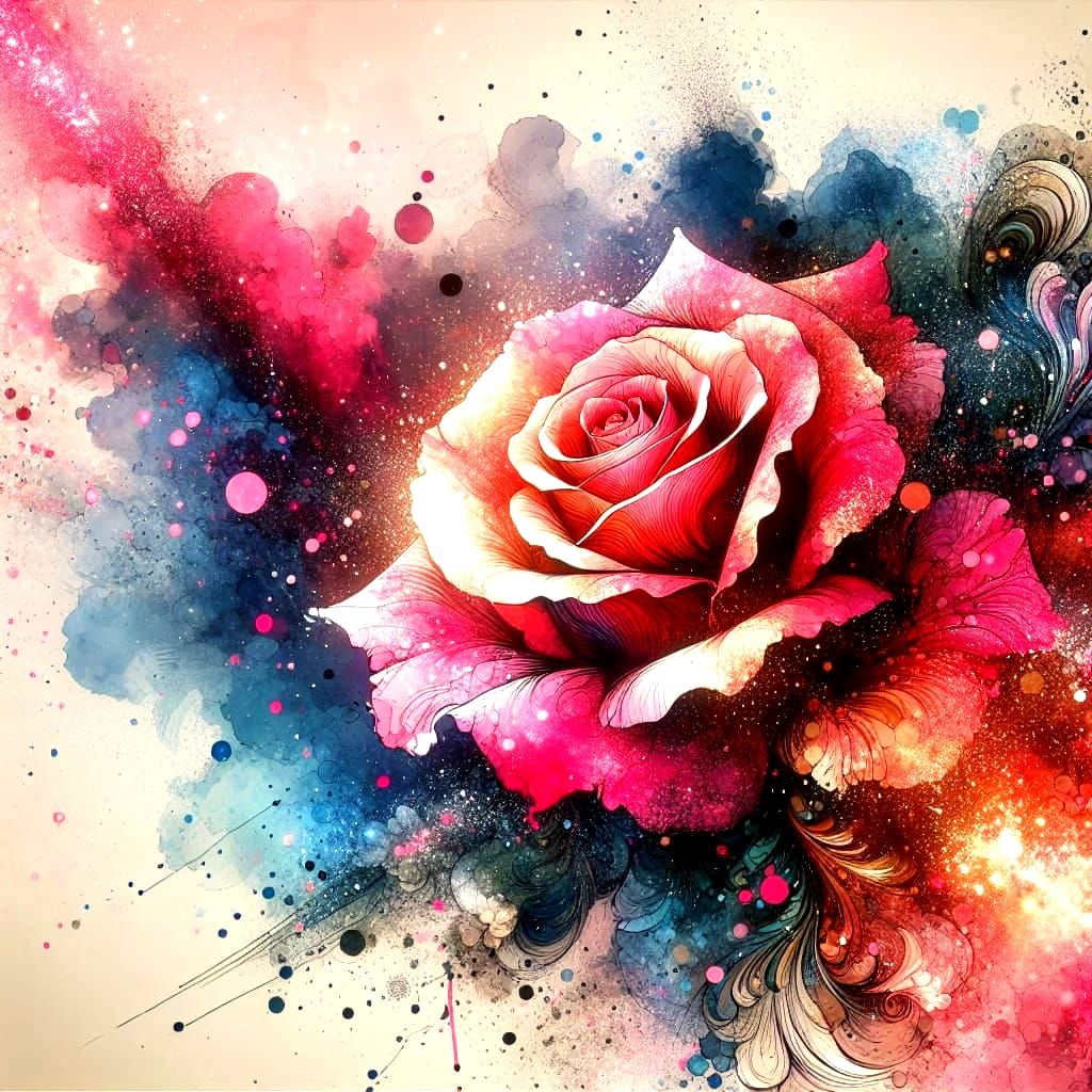 Vibrant Rose in Impressionist-Inspired Ink Splatter Art