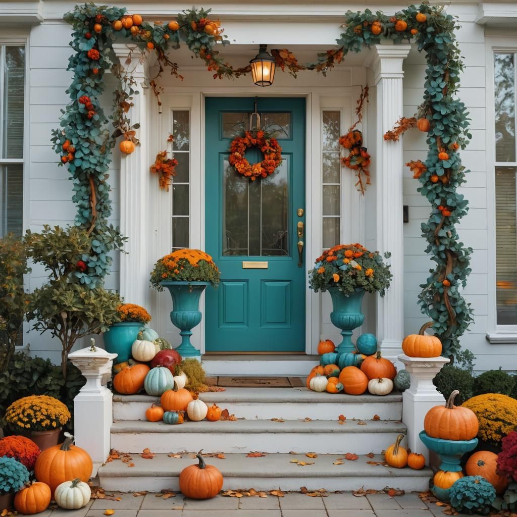 Teal Door with Fall Decor in Golden Light