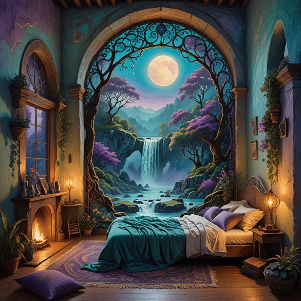 Mystical Boho Bedroom with Swirling Portal - Romanticism Oil...