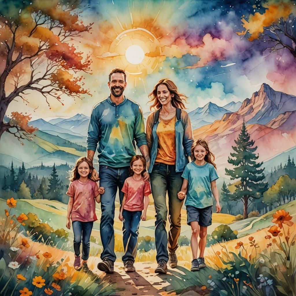 Happy Family in Magical Watercolor Landscape