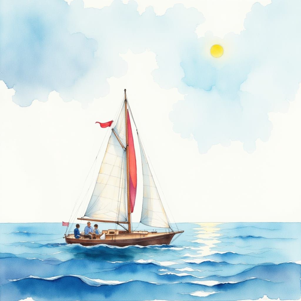 Peaceful Sailing Yacht in Watercolor Style