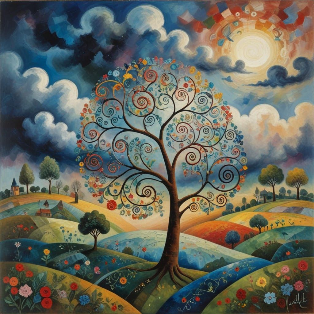 (tree:1.1), Paul Klee and Marc Chagall, (spirals and swirls in the clouds:1.5), iridescent colors, oil on canvas, brushs...