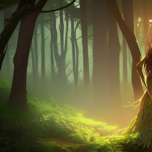 Forest Woman in Dynamic Lighting, Detailed Art
