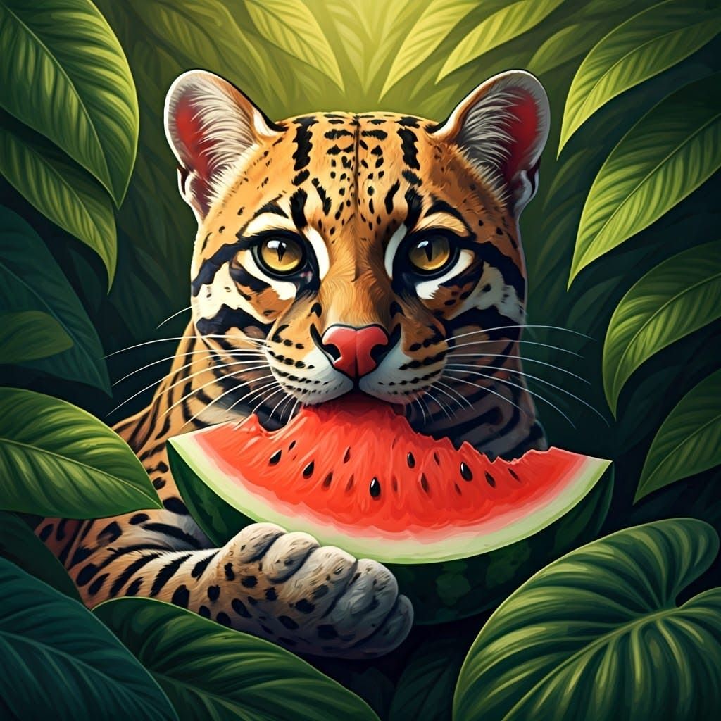 Whimsical Ocelot with Watermelon, Loish Style