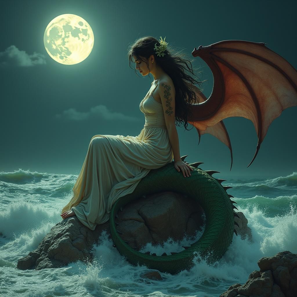 Hybrid Woman Dragon by the Sea in Fantasy Art