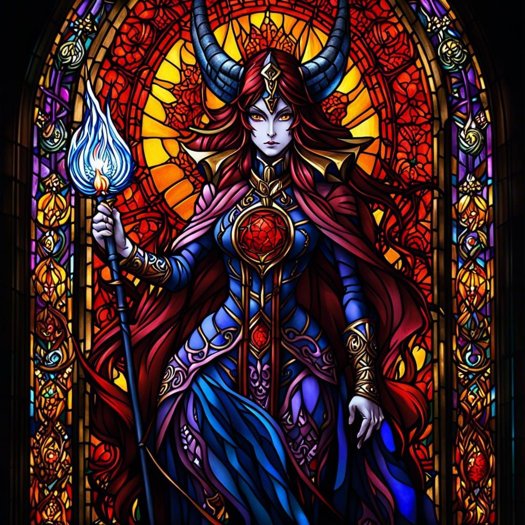 Anime Demon Woman in Cathedral with Stained Glass