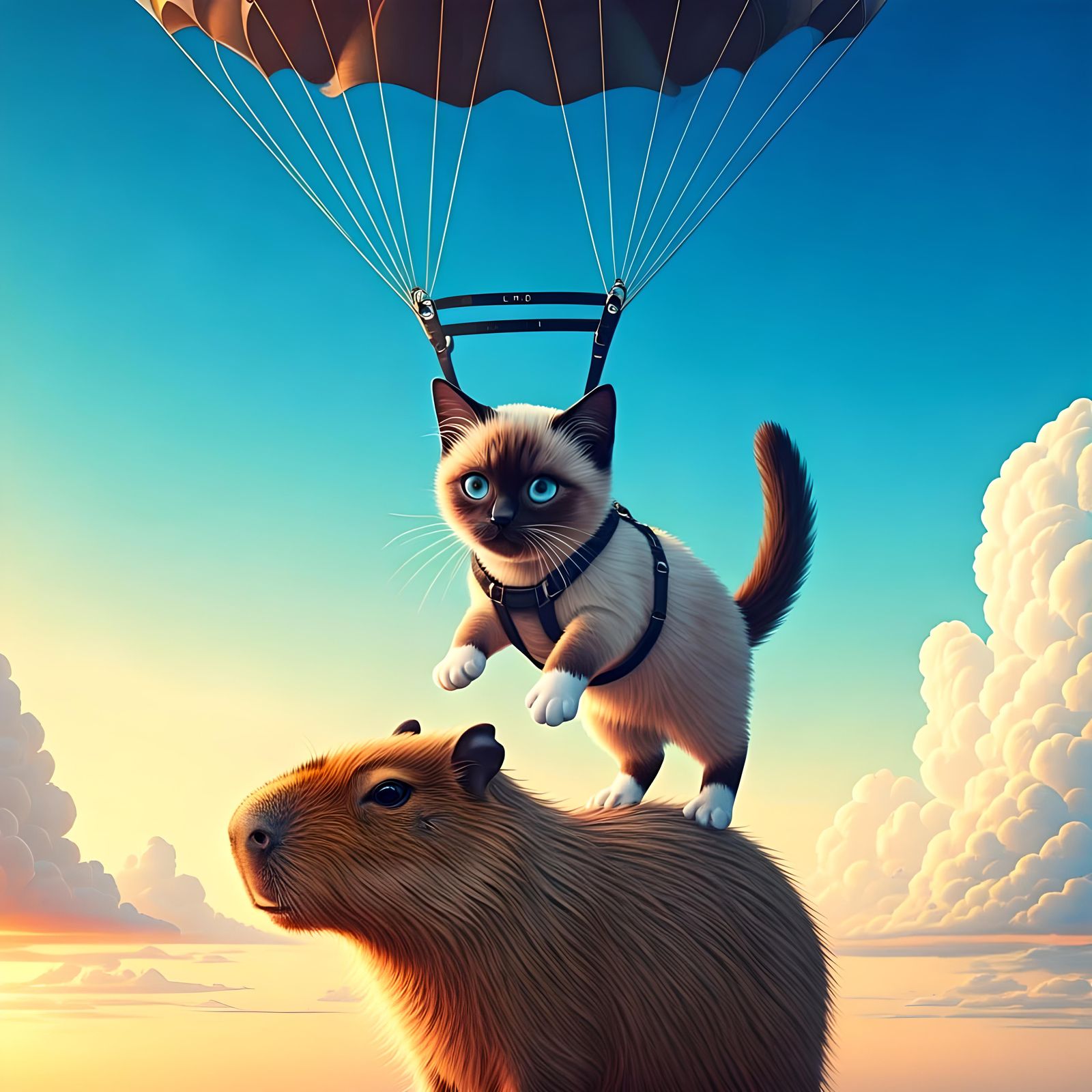 Siamese Cat in Parachute with Capybara in Vibrant Hyperreali...