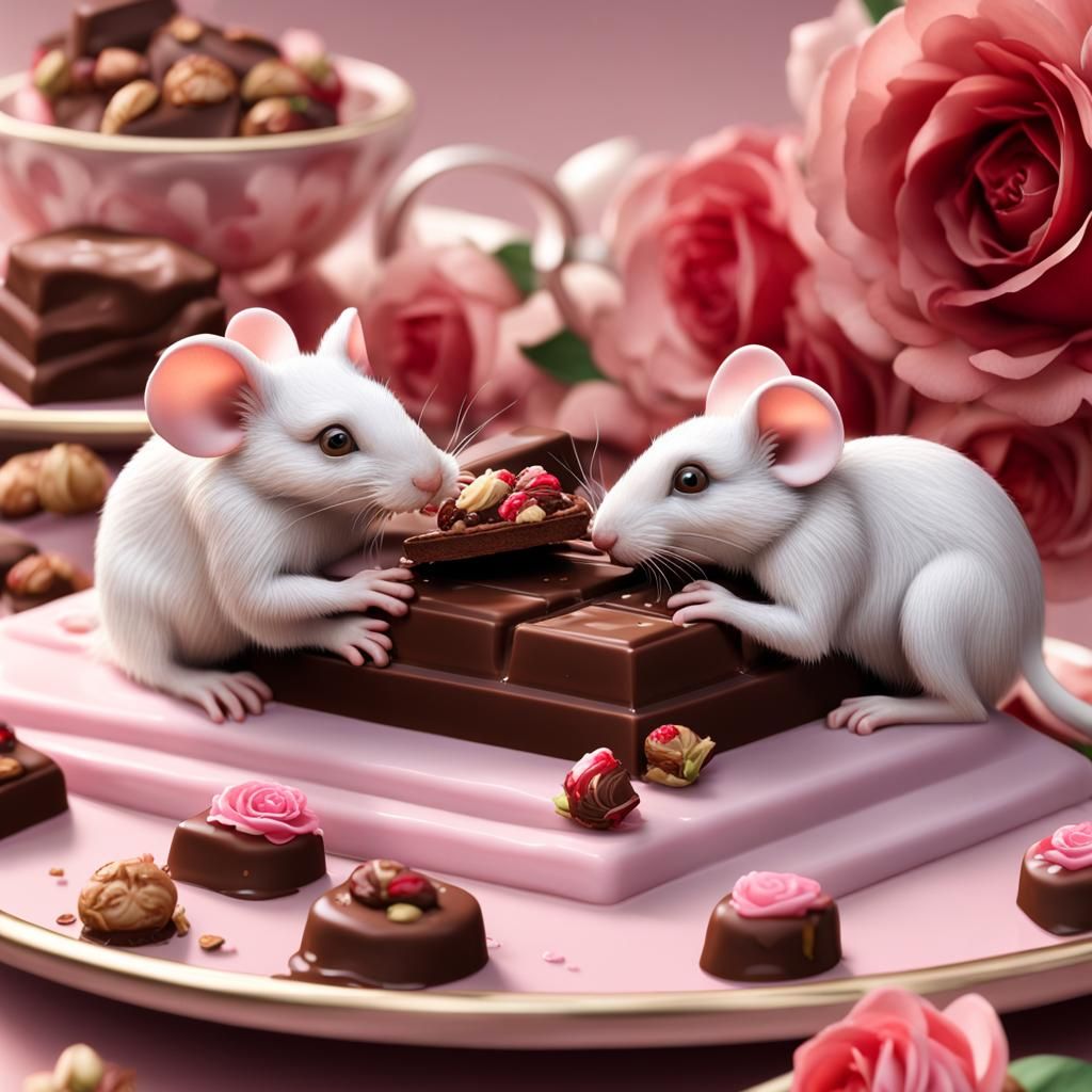Chocolate Pralines and Roses with Mice in Photorealistic Det...