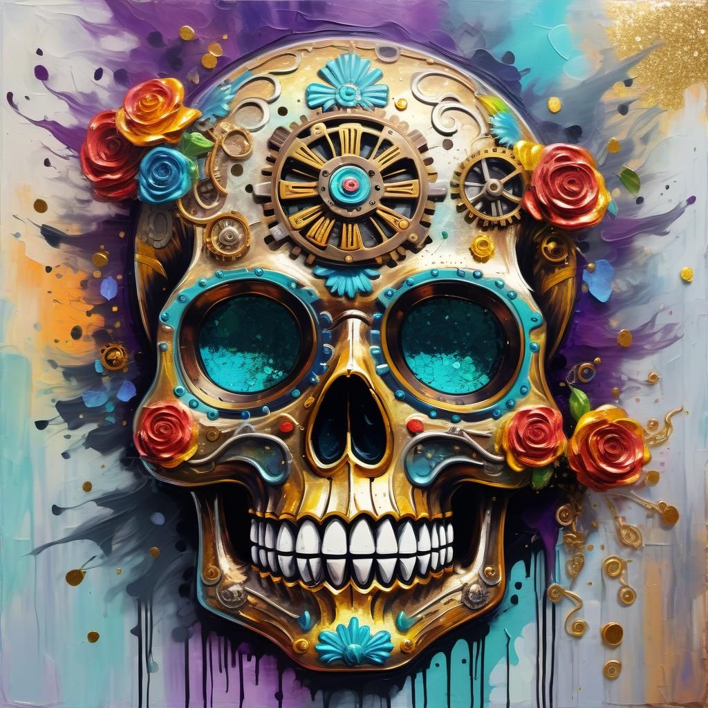 Steampunk Sugarskull, expressionism, impasto with heavy brus...