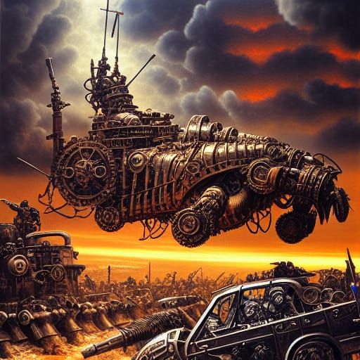 Epic Battle Scene of Petrolpunk Steampunk-Mechs